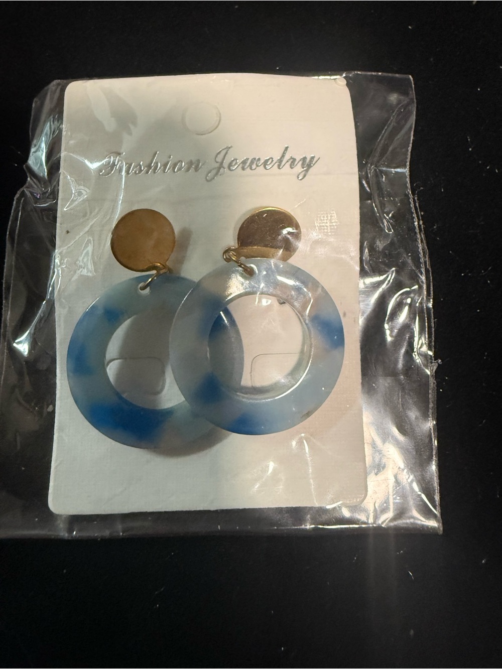 Fashion Jewelry Gold Disc with Blue Marbled Hoop Earrings